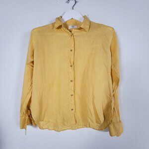 Uniqlo Womens Yellow Button-Up Long Sleeve Linen Shirt Small Casual Lightweight